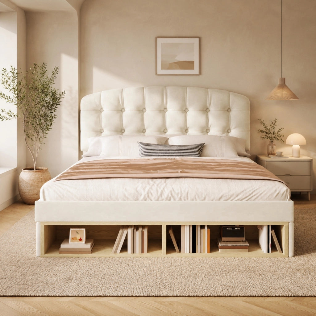 Letto matrimoniale imbottito 140x190 cm in velluto beige con testiera regolabile e cassetti