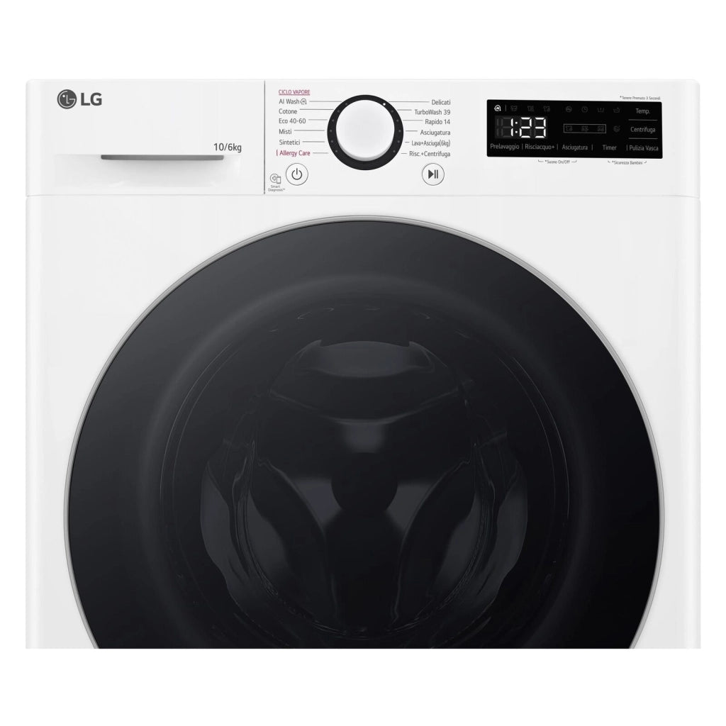 LG D4R5010TSWS Lavasciuga 10/6kg AI DD, Serie R5 Classe D, 1400 giri, TurboWash 360, Vapore, Eco Hybrid, Bianca