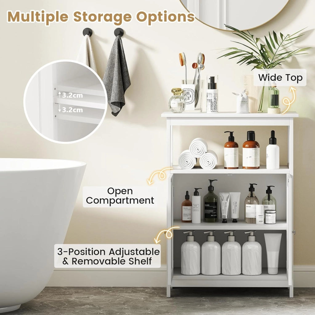 Armadietto da bagno con ripiano aperto e doppia porta, 60 x 30 x 80 cm, con sistema di sicurezza ribaltabile, armadietto multiuso per soggiorno, bagno e cucina (bianco)