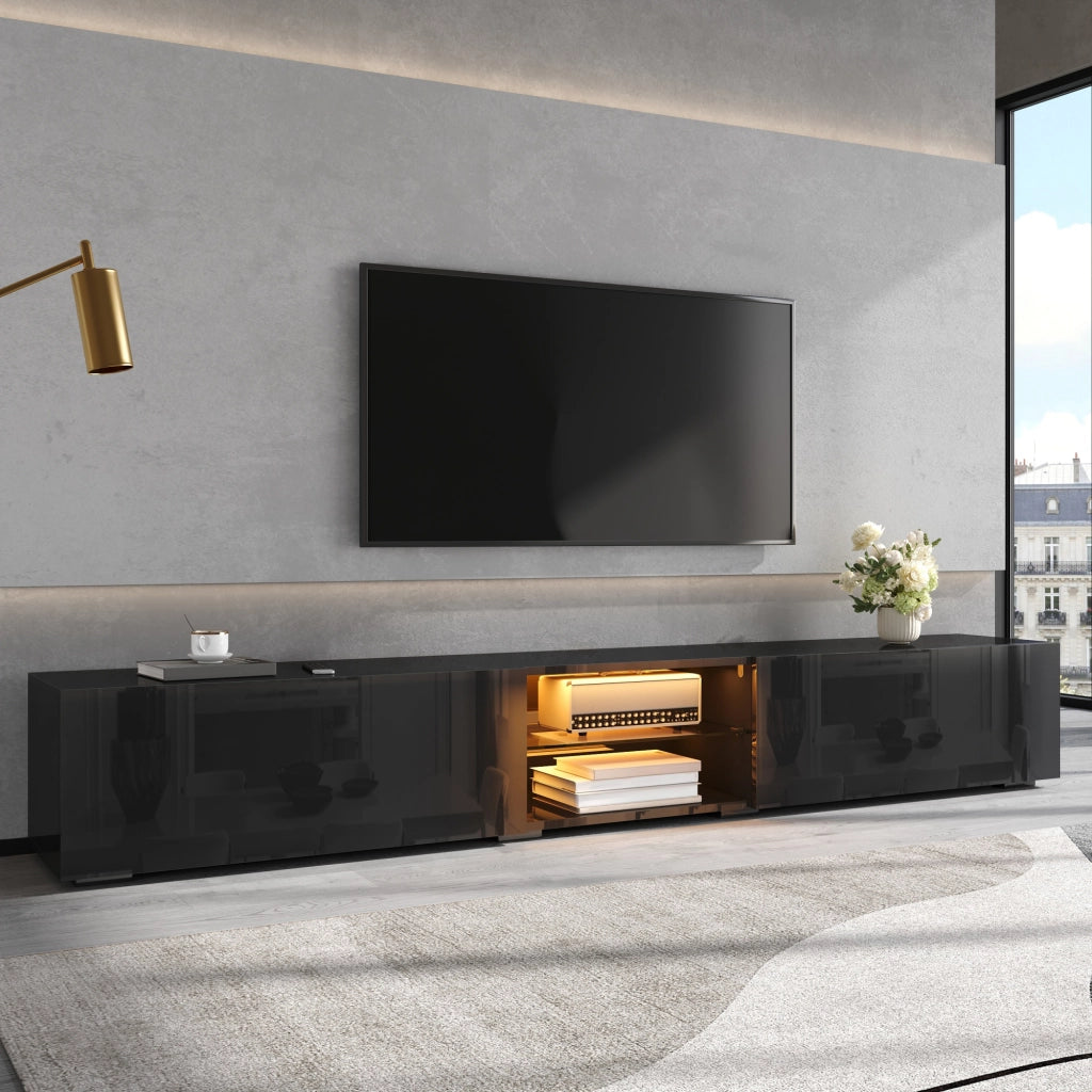 Mobile TV con 2 ante; LED e passacavi - per soggiorno - in MDF - 200×30×30 cm - nero
