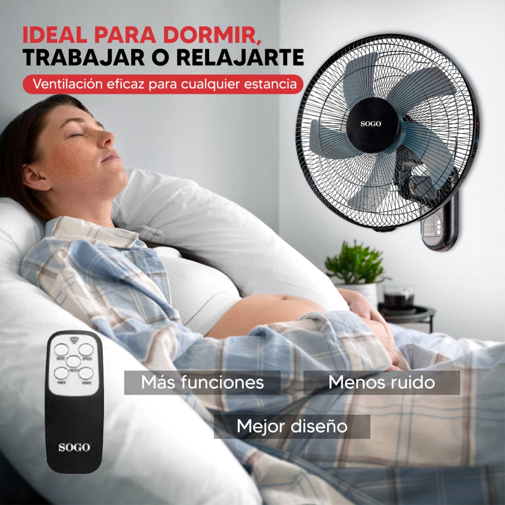 Ventilatore da parete 40 cm con telecomando, 50W 3 velocità e timer 7,5h, oscillazione e inclinazione regolabile - Sogo