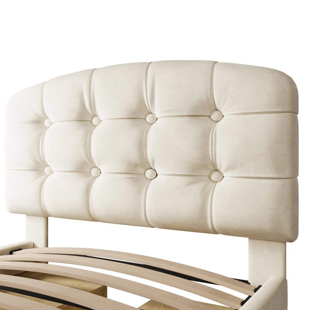 Letto con Cassetti 90 x 200 cm; Letto Singolo - Testiera Regolabile e Vani - Beige