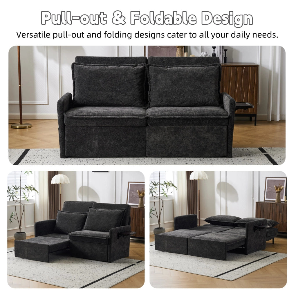 Divano letto 3 in 1 172，5x71x95 cm in ciniglia nera con USB