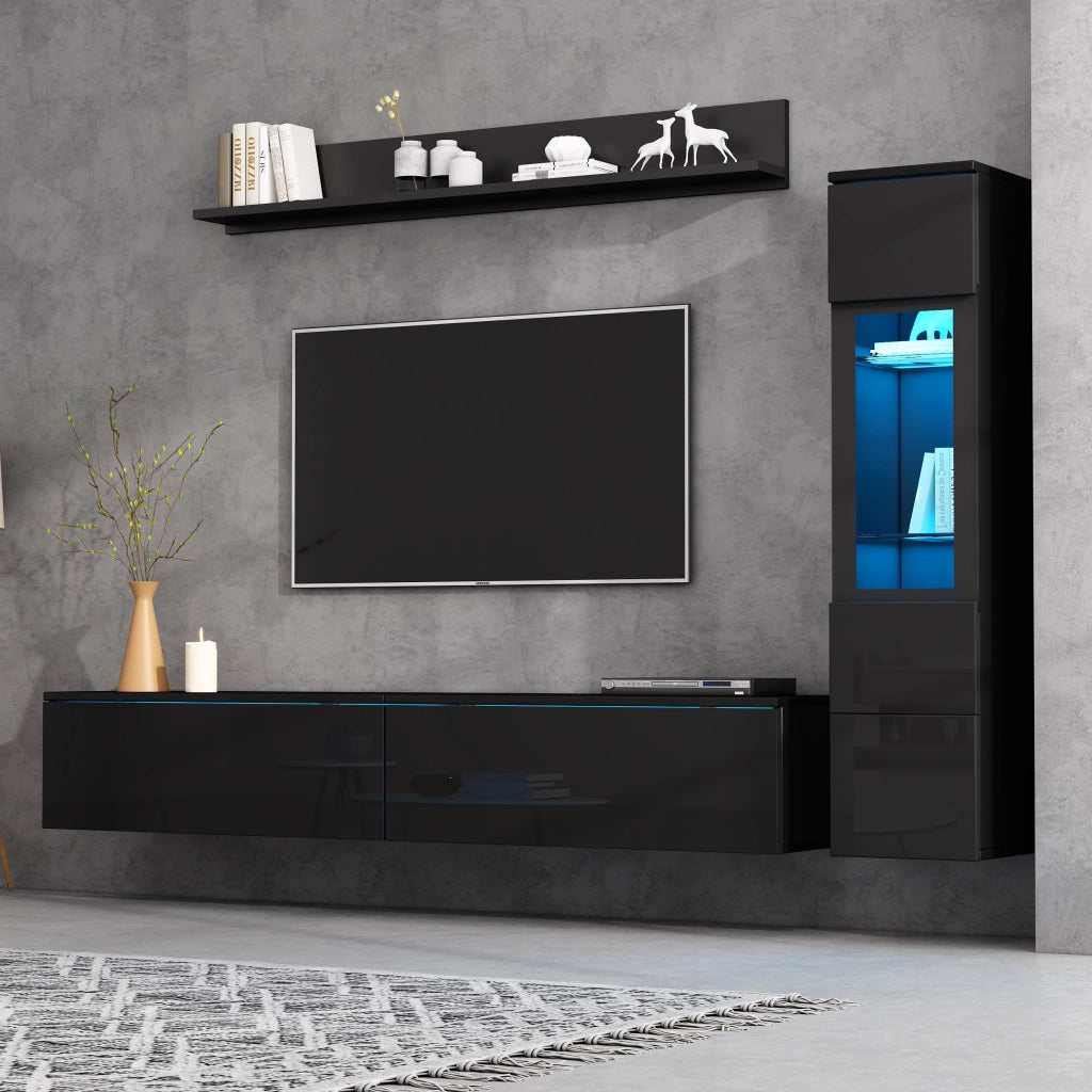 PARETE ATTREZZATA 3 pezzi con LED 180 cm Nero lucido