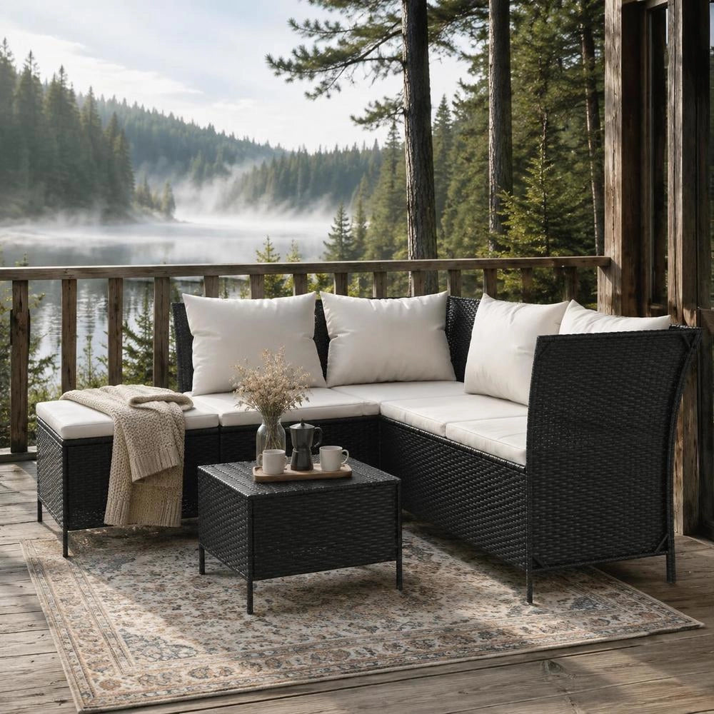 4-piece Garden Lounge Set With Cushions, Black Poly Rattan