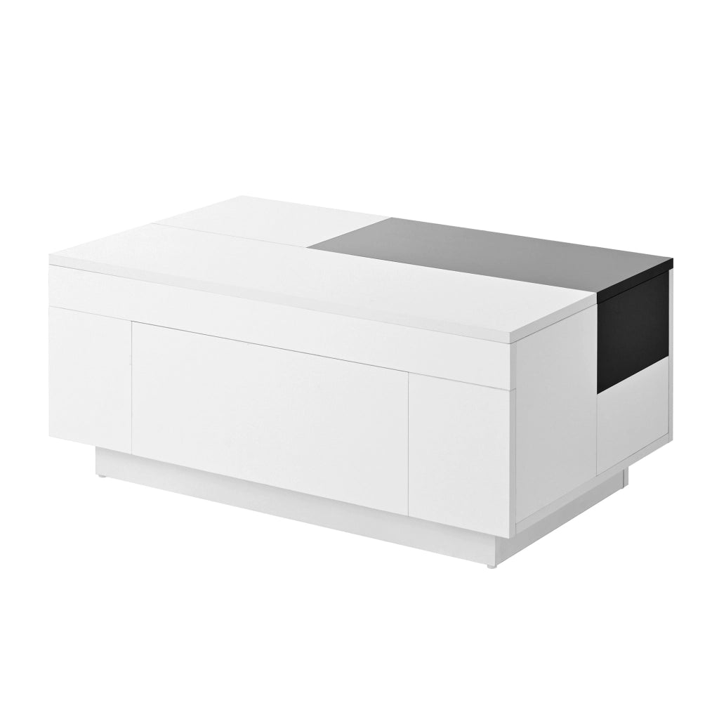 Tavolino da caffè 80x50x35.5 cm con illuminazione LED RGB; piano estraibile; MDF nero e bianco