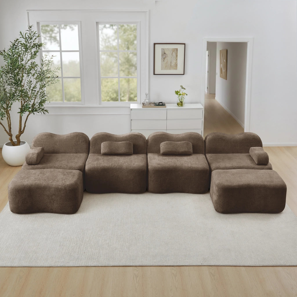 Divano angolare modulare senza telaio 4 posti con pouf collegabili, schiuma 32D, velluto morbido marrone per soggiorno