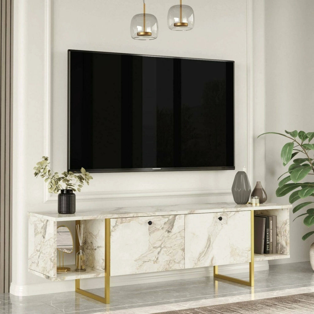 Mobile porta TV Adalberta, Credenza da soggiorno, Armadio basso per TV, Base parete attrezzata, 160x40h48 cm, Bianco e Oro