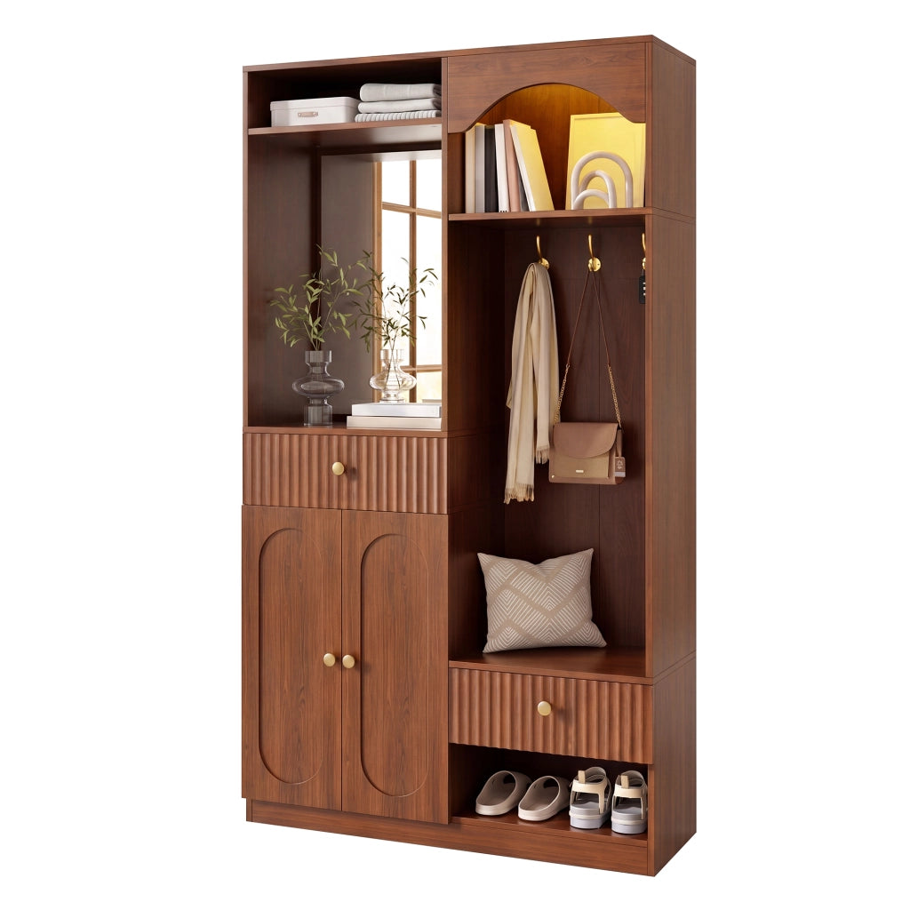 Mobile ingresso con specchio; panca e ganci; 2 cassetti; ripiani regolabili; LED; per ingresso; 100 Ã— 35 Ã— 180 cm