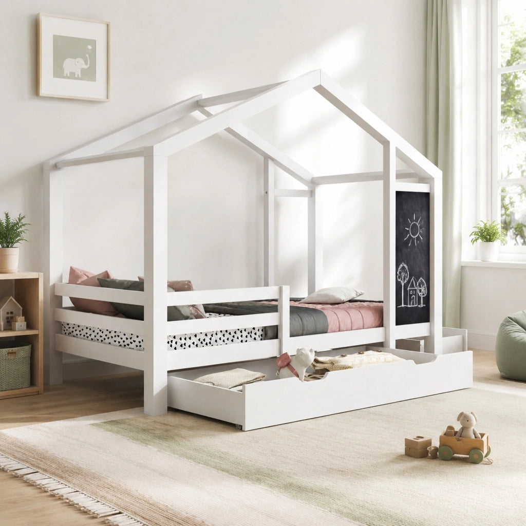 Letto a casetta per bambini 90x200 cm con lavagna e cassetti