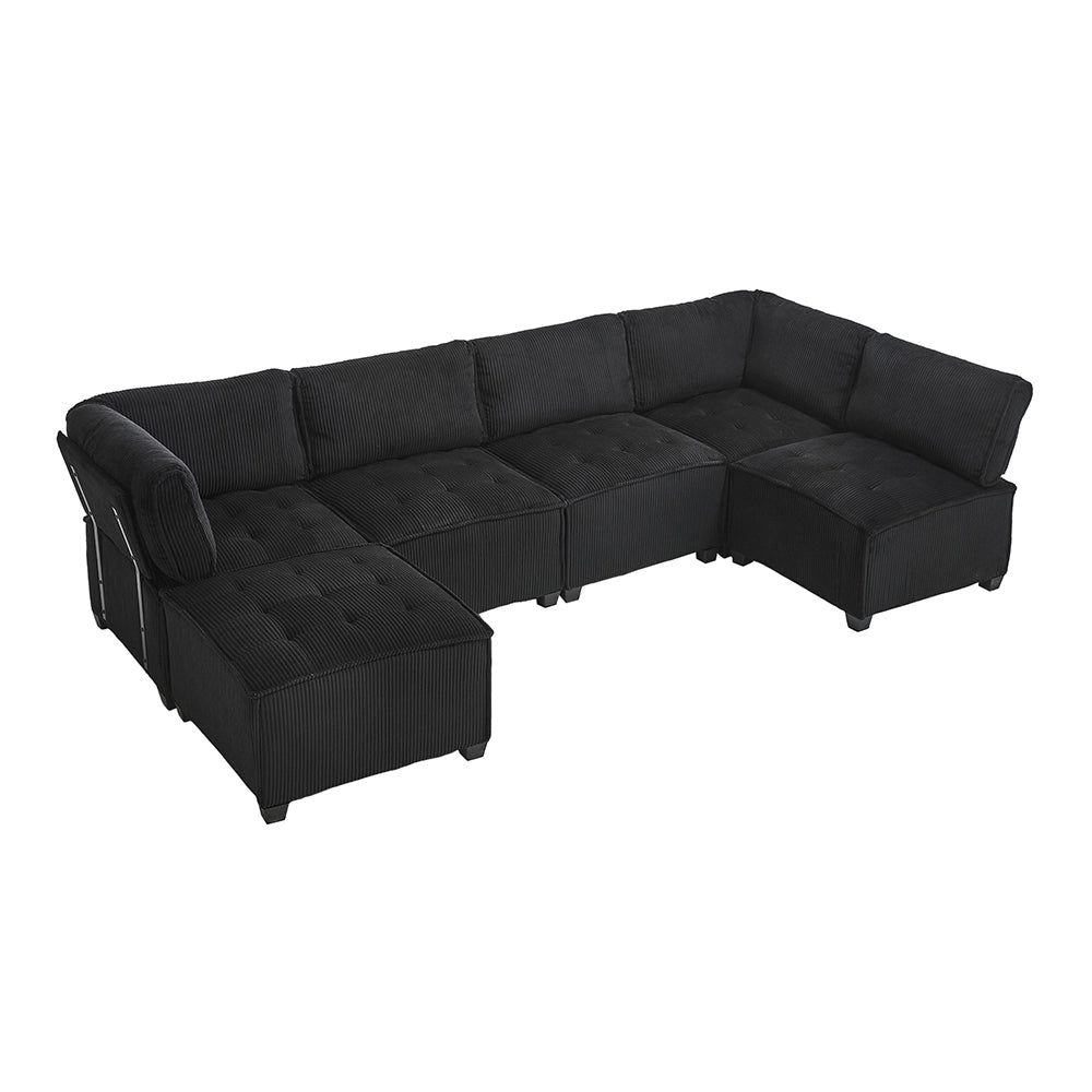 Divano modulare - Xylo - 308cm 6 posti velluto con tasche e struttura legno/metallo nero