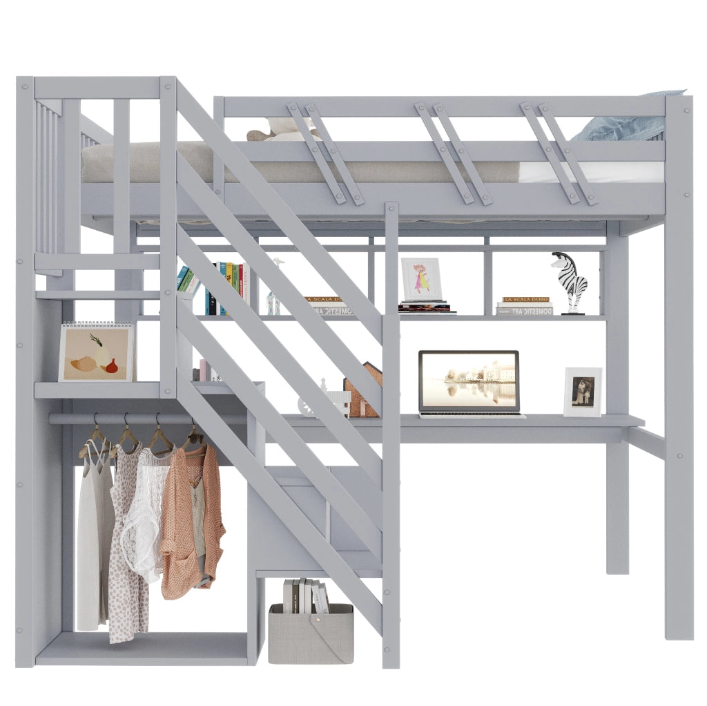 Letto a soppalco ULEVR 140x200 cm con scrivania, scala contenitore, LED e presa USB, grigio