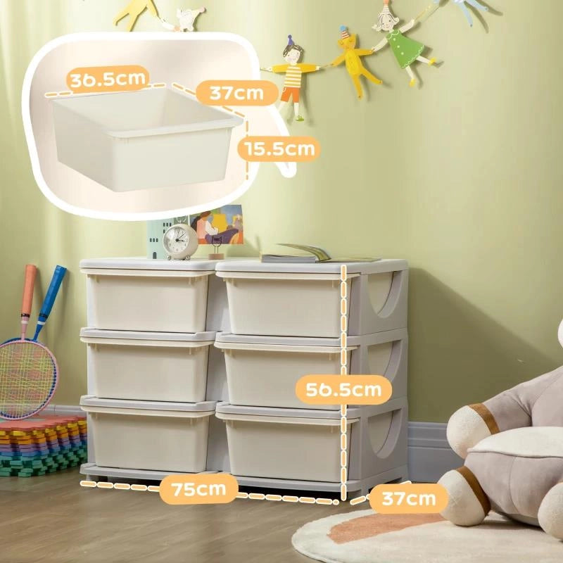 CASSETTIERA 6 CASSETTI PER BAMBINI 3-6 ANNI CON BORDI ARROTONDATI, IN PP BIANCO CREMA, 75X37X56.5 CM