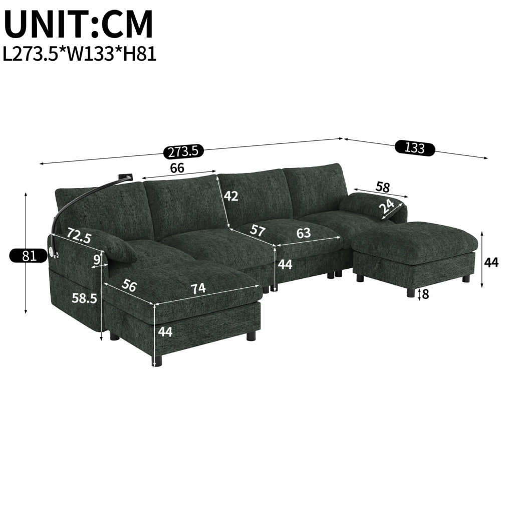 Divano modulare in chenille con 2 pouf contenitore; USB e Type-C; supporto telefono; 273;5x133x81 cm verde