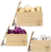 Set di contenitori in legno per patate/zucchine/aglio - con stampa - dimensioni: 26/22/18 cm - peso: 2,5 kg - cassetti di archiviazione