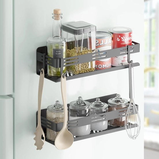 Set di 2 Organizzatori Cucina da Parete Senza Foratura - 30 cm Largo con 4 Ganci - Organizzatore Cucina Autoadesivo Nero