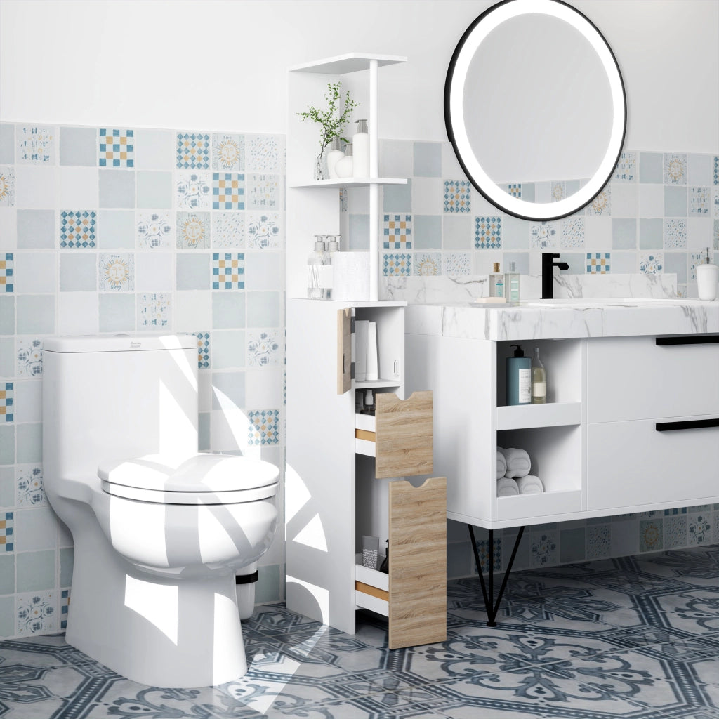 Mobile Colonna Bagno Salvaspazio con Armadietto, Ripiani e Cassetti, 15x33x136.8 cm, Colore Legno