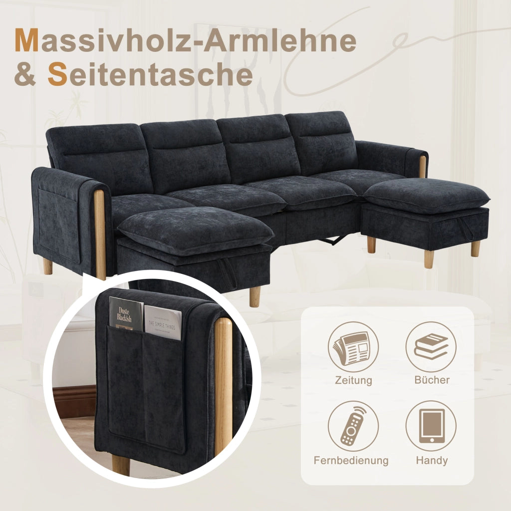 Divano modulare a U con 2 pouf contenitore 4 posti in chenille con gambe in legno nero 261 × 77 × 86 cm
