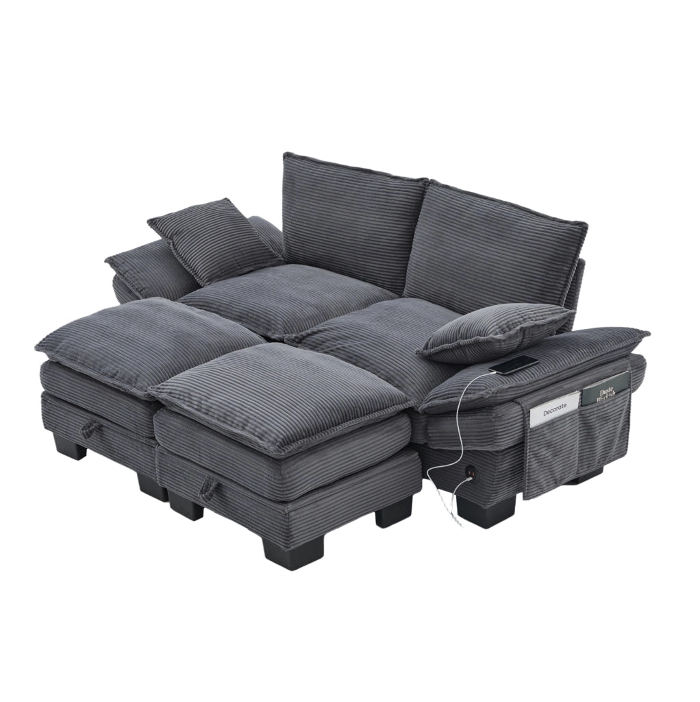 Divano modulare 2 posti con 2 pouf contenitore in tessuto corduroy; 190x132x84 cm; grigio scuro