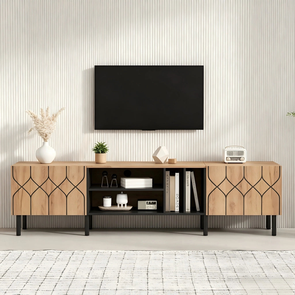 Mobile porta tv con 2 ante e 4 vani aperti, push-to-open, in MDF e truciolare, per salotto, nero naturale, 180 × 40 × 50 cm