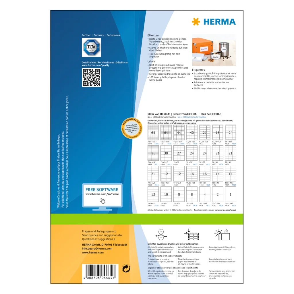 HERMA Etichette Permanenti PREMIUM A4 70x37 mm 100 Fogli 443757