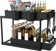 Organizzatore di lastre di gomma - piastra di organizzazione di lastre di gomma flessibile 2 strati con 4 ganci e 2 tazze, organizzatore di armadietto per bagni, cucine - nero, rimovibile