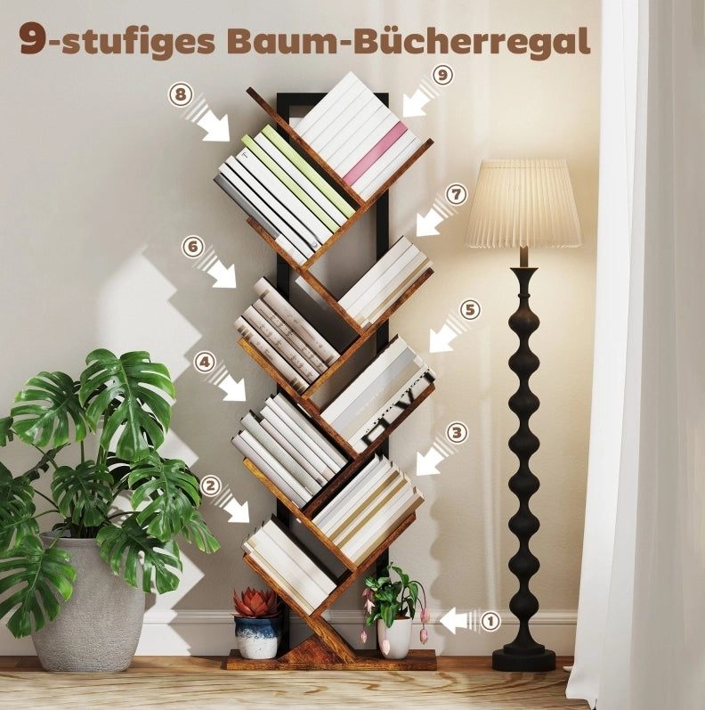 Libreria a 9 Ripiani a Forma di Albero in Acciaio, Marrone Rustico, 50x24x136 cm