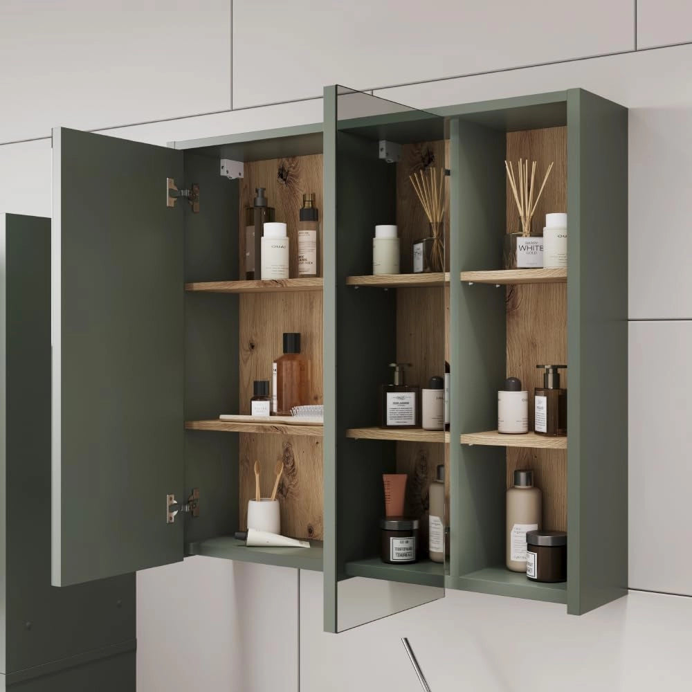 Mobile a specchio per bagno Viola, Verde/Artigianale, 80 x 75 cm con ripiani aperti, per montaggio a parete con specchio integrato e ripiani