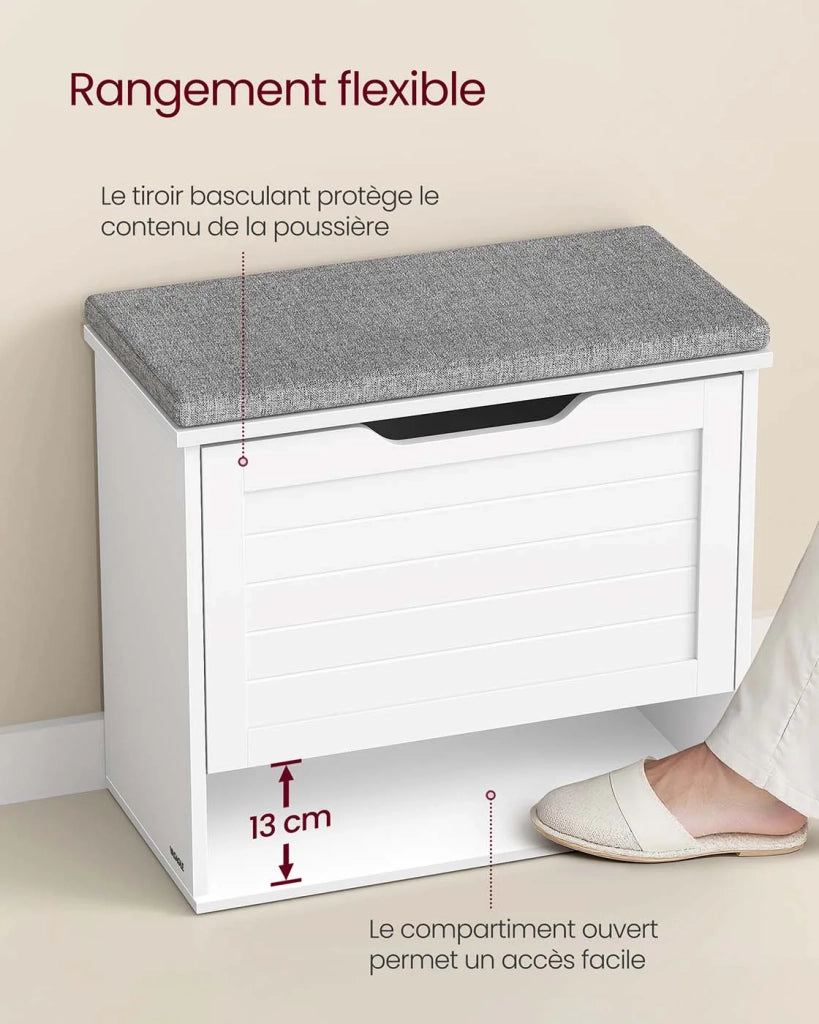 Panca portascarpe imbottita mobile da ingresso a 3 ripiani per 6 paia di scarpe cassetto a ribalta 30 x 60 x 53,5 cm per ingresso o camera da letto bianco 12_0008037