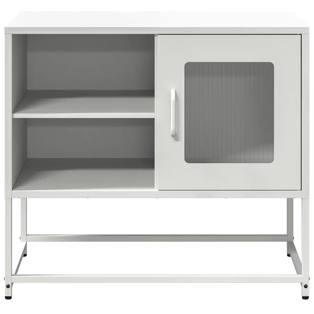 Mobile porta TV bianco con ampio spazio contenitivo e design industriale 68 x 39 x 60 cm realizzato in acciaio laminato a freddo bianco 02_0049879