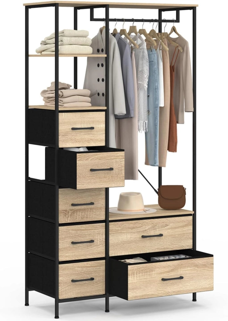 Armadio + colonna UTAH L. 90 cm con 2 ripiani e 7 cestini in legno e tessuto nero