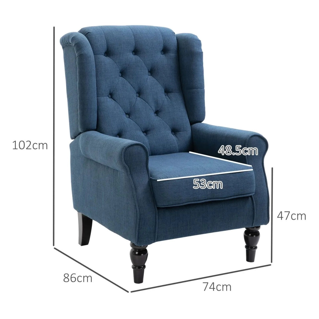 Poltrona ad orecchioni imbottita blu con schienale alto e gambe in legno