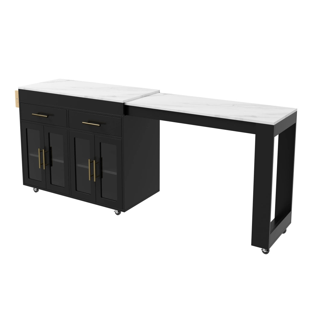 Isola da cucina mobile allungabile con piano estraibile, porta con vetrine, cassetti e ruote, nero