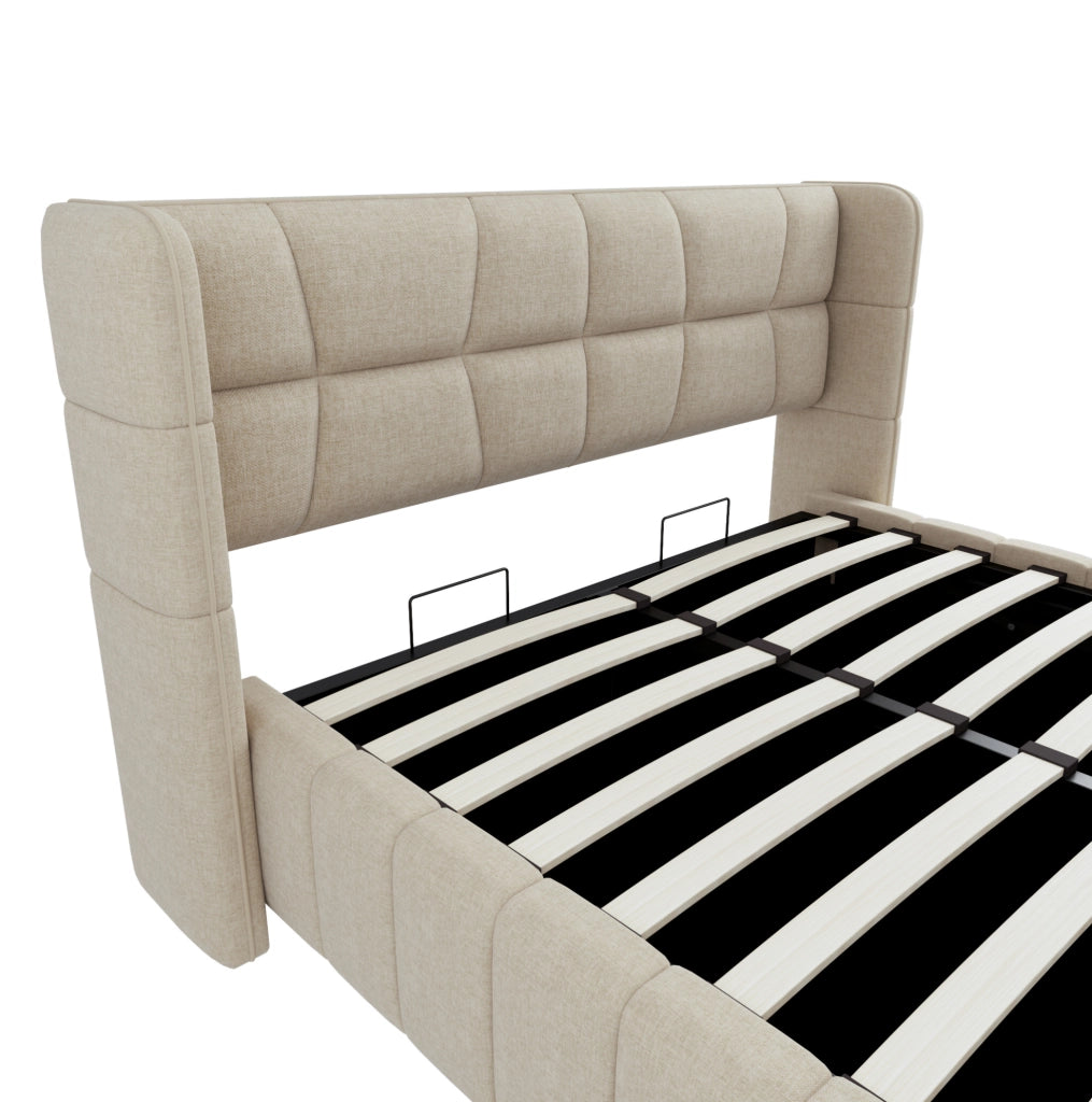 Letto imbottito 140x200 cm con contenitore e struttura in lino beige