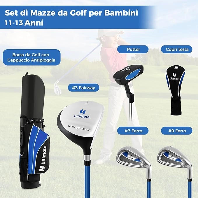 Set Completo di Mazze da Golf per Bambini, Inculude Fairway 3, Ferri 7 e 9, Putter, Copritesta, Borsa Portatile e Cappuccio Antipioggia, Set da Golf per Destrimano(Per 11-13 Anni)
