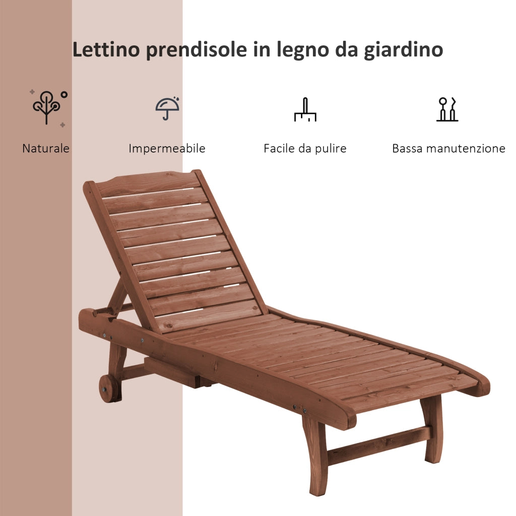 Lettino Prendisole in Legno di Abete con Schienale Regolabile a 3 Posizioni. Lettino Sdraio da Giardino con Ruote e Vassoio Estraibile. 182x60x35cm