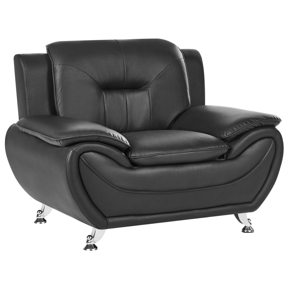 Poltrona in ecopelle vegana nero con braccioli imbottiti, gambe in metallo argentato, facile da pulire, stile moderno e glamour per il soggiorno