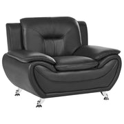 Poltrona in ecopelle vegana nero con braccioli imbottiti, gambe in metallo argentato, facile da pulire, stile moderno e glamour per il soggiorno