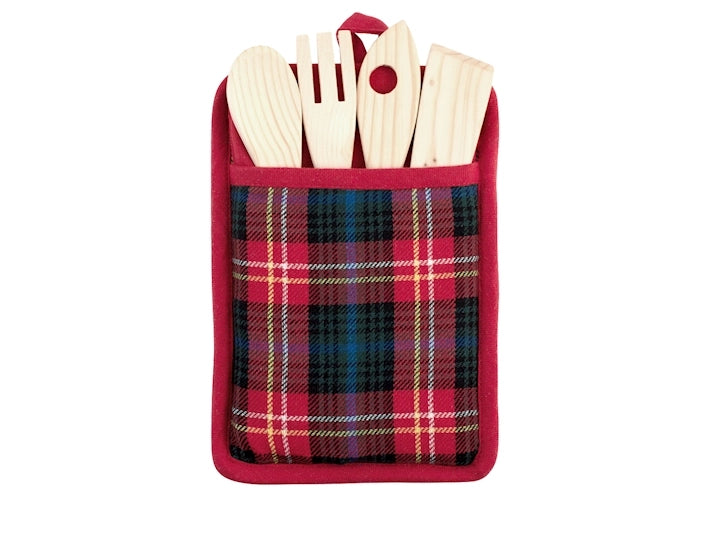 Porta mestoli tartan in 50% cotone riciclato e 50% poliestere contenente 4 mestoli in legno e 1 strofinaccio cm 70x50