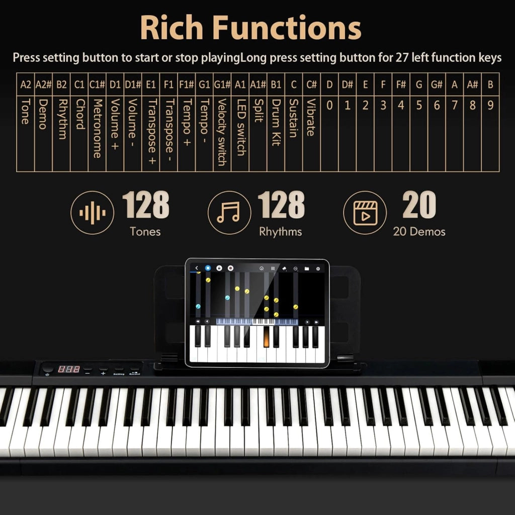 Pianoforte Digitale 88 Tasti, 1000 Suoni e Ritmi, 20 Canzoni Demo, Tastiera Semi-ponderata, Pianoforte Elettronico con Illuminazione a LED Tastiera, Borsa di Conservazione, USB/Bluetooth