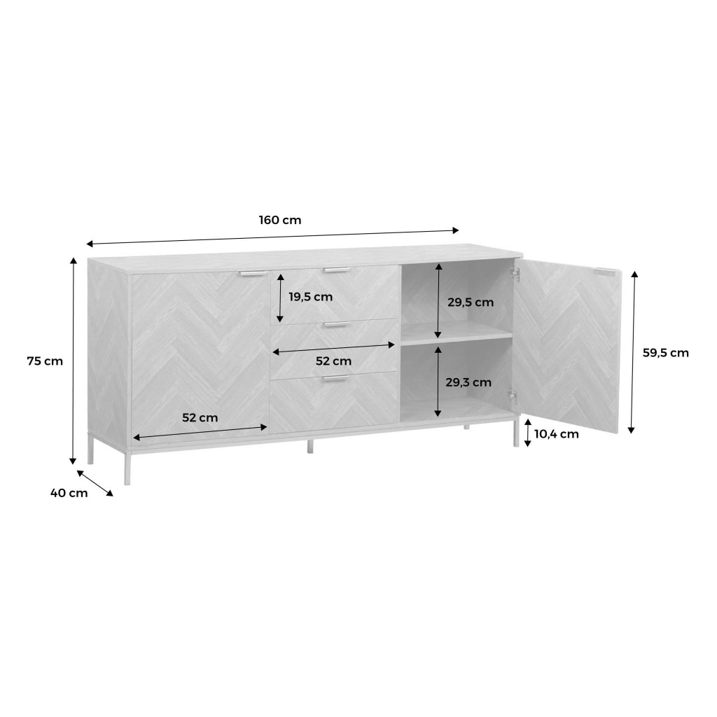Credenza effetto spina di pesce a 2 ante, 160cm, marrone naturale
