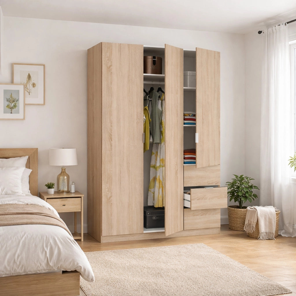 Guardaroba Ade, Armadio per camera da letto a 3 ante e 3 cassetti, Mobile con 3 ripiani e barra appendiabiti, cm 135x52h200, Rovere