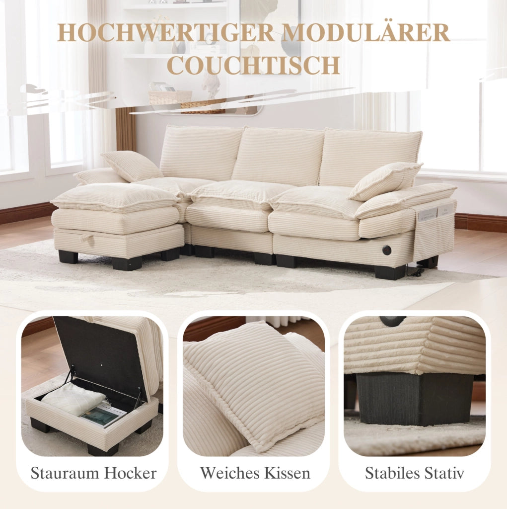 Divano modulare 3 posti con pouf contenitore in corduroy beige; 260 cm; con USB-C