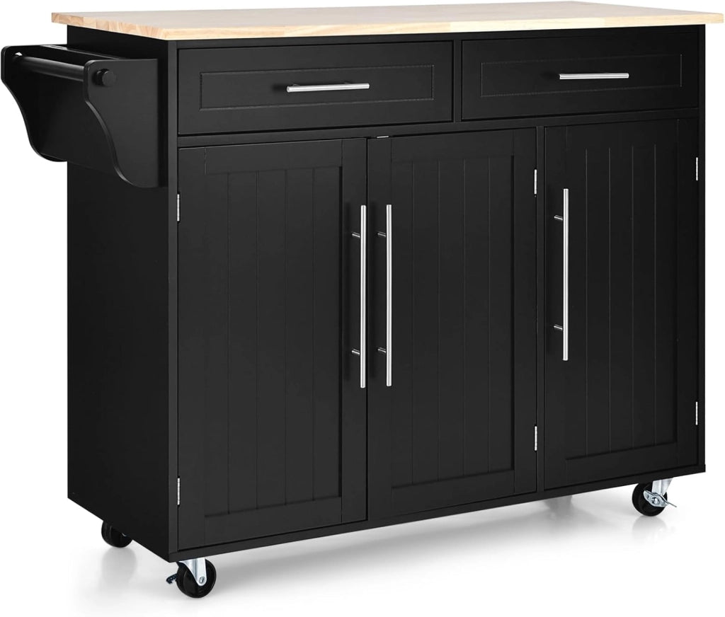 Carrello Portaoggetti con Ruote con 2 Freni, Isola Cucina in Rovere Massiccio, Mobiletto da Pranzo con Portaspezie e Portasciugamani, per Soggiorno, 111,5 x 46 x 93 cm, In 2 Pacchi (Nero)