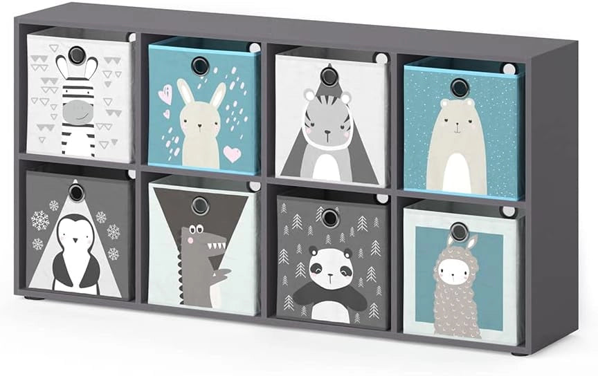 Libreria bambini Scutum, Bianco, 143 x 72 cm con 8 scatole pieghevoli, adatto per riporre giocattoli e libri