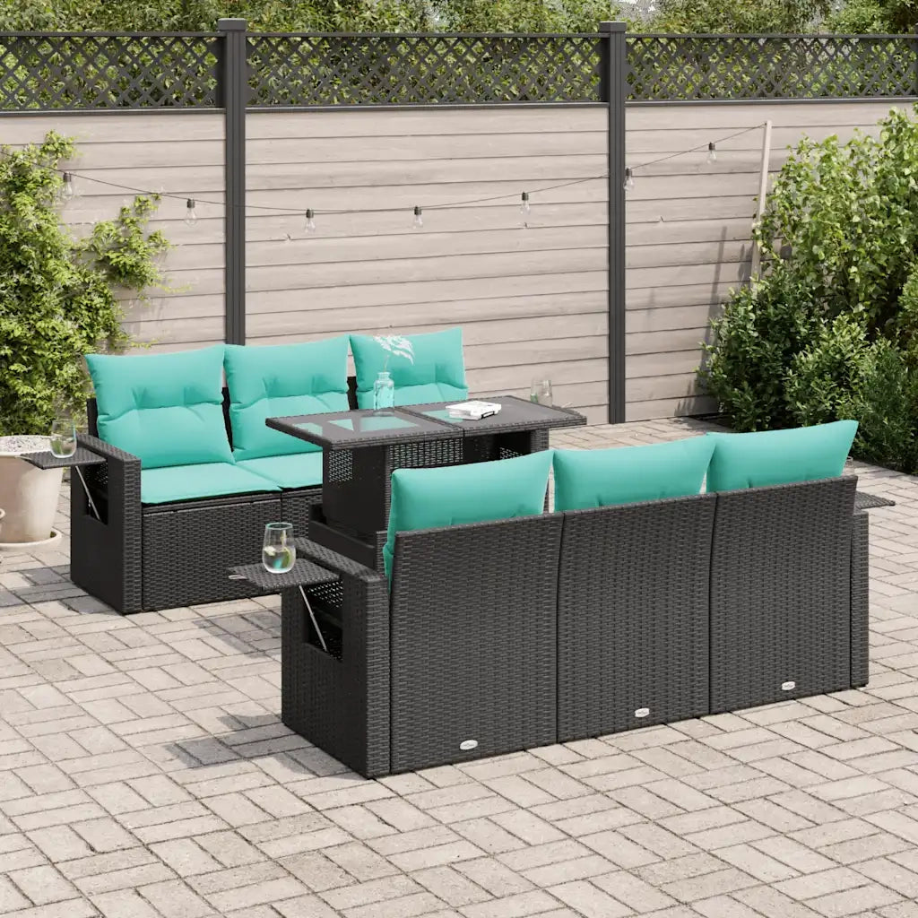 Set Divani Giardino 7 pz con Cuscini Nero Polyrattan Acacia