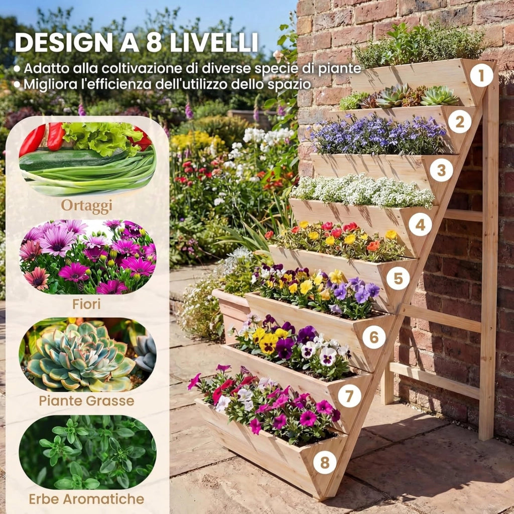 Fioriera Rialzata a 8 Livelli, Aiuola Verticale a Forma di V in Legno di Abete, Telaio Triangolare Indeformabile, Orto Rialzato da Esterno o Interno per Piante, Fiori, Verdure
