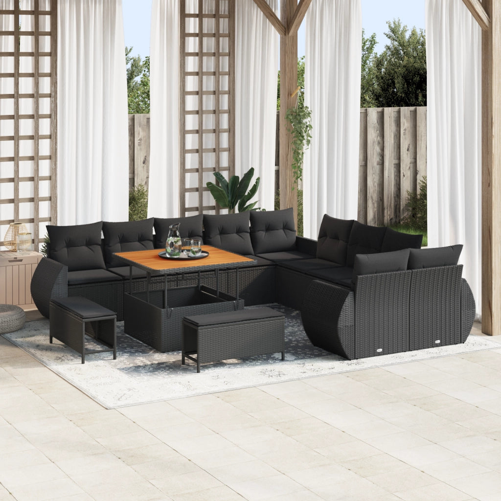 Set di divano da giardino a 13 pezzi con cuscini Nero Polyrattan Acacia