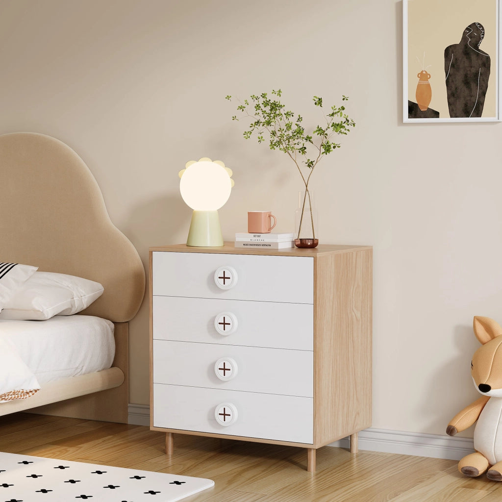 Comò con 4 cassetti e design a contrasto, per camera da letto e soggiorno, in MDF, bianco naturale, 80 × 54 × 90 cm