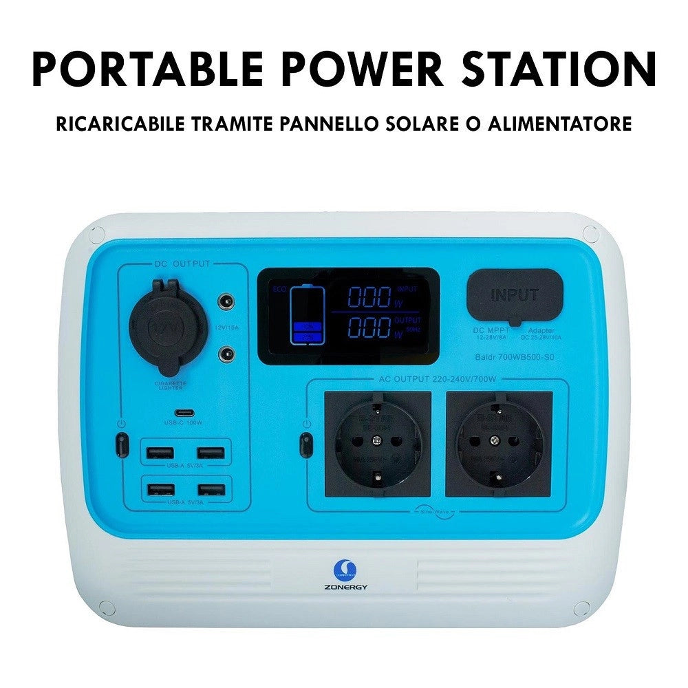 Trade Shop - Generatore Corrente 700w Portatile Ricarica Solare Batteria Prese Schuko Ac Usb-c -